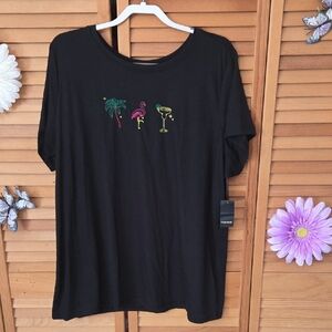 Torrid NWT Black Tee with Neon Palm, Flamingo & Cocktail Embroidery